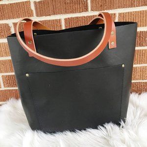 Portland Leather Goods Smooth Black Classic Medium Tote with Tan Handles NWOT